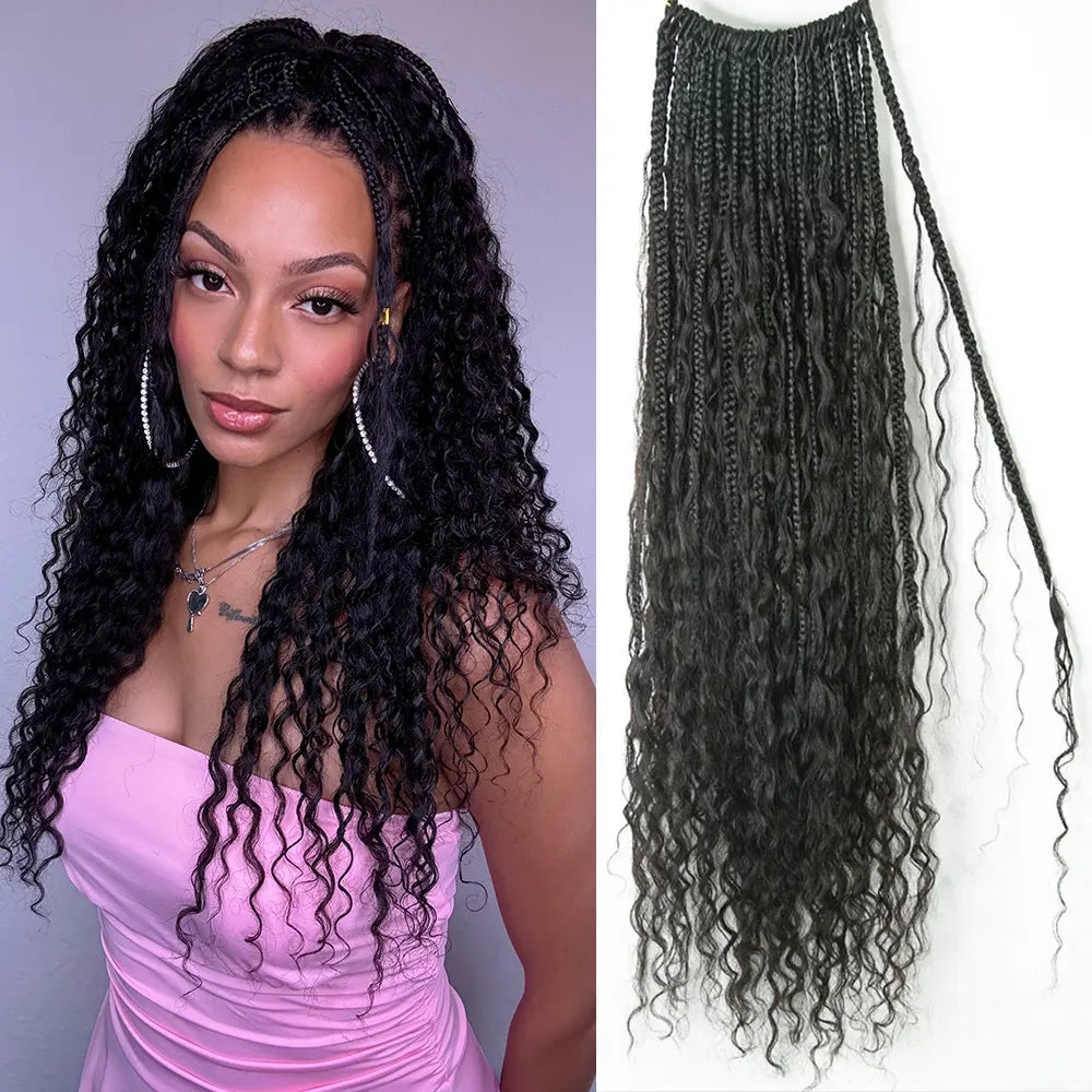 Black Pre-looped Crochet Boho Box Braids with Human Hair Curls