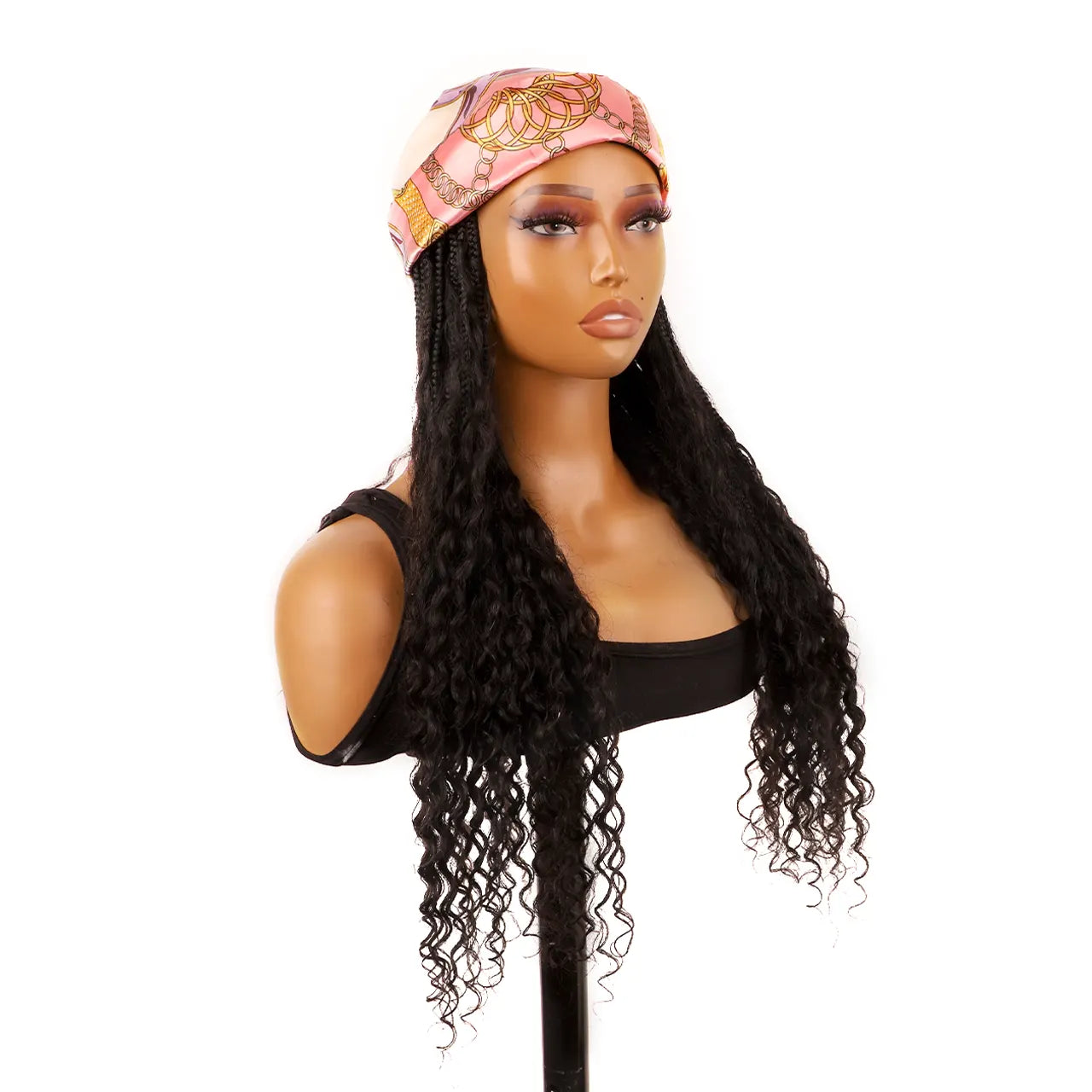 Boho style braids headband wig with human hair curls matched hat and scarves wearing effect