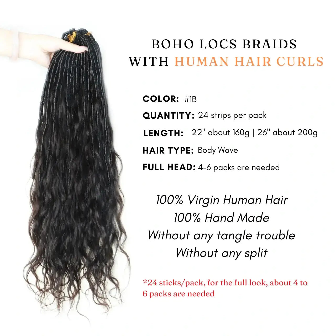 Boho locs braids with human hair curly 24 strips per pack