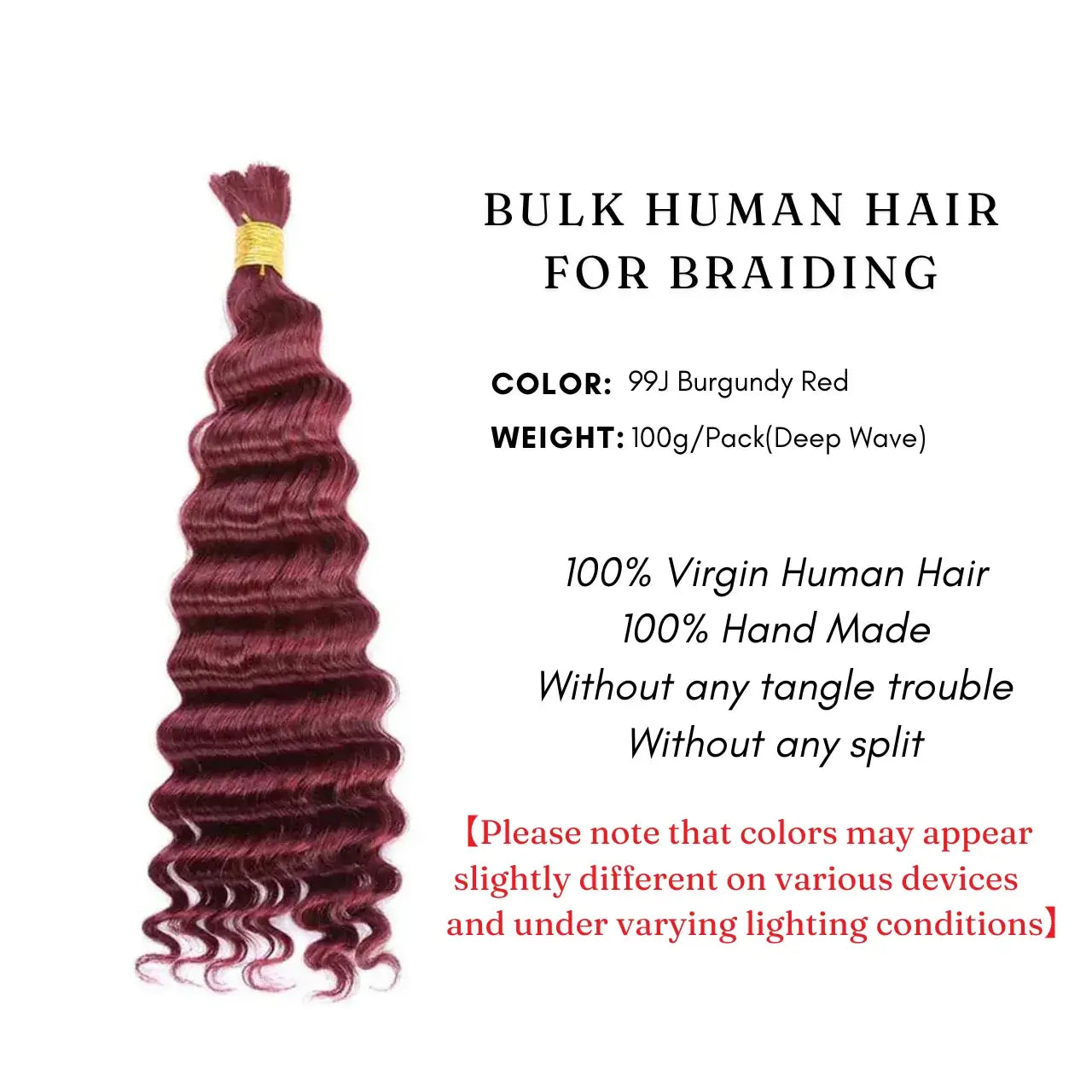 Bulk human hair for boho box braiding 99j burgundy red 100g per pack