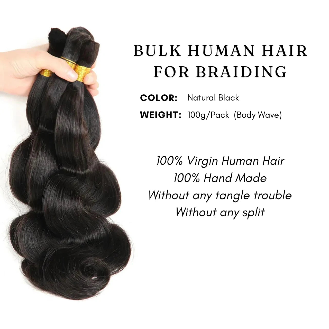 Bulk human hair for braiding natural black 100g per pack without any tangle trouble