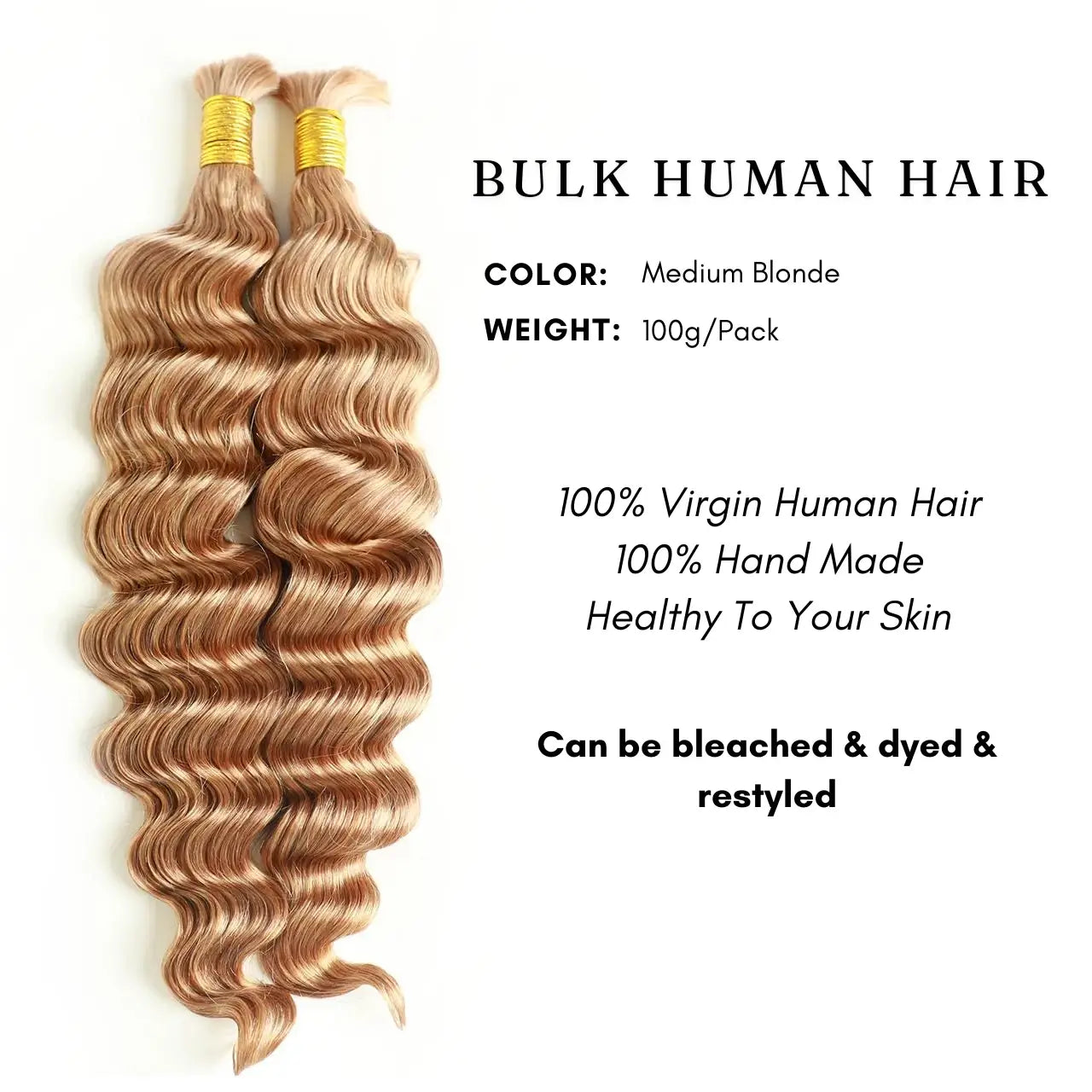 Bulk human hair medium blonde deep wave 100% hand made