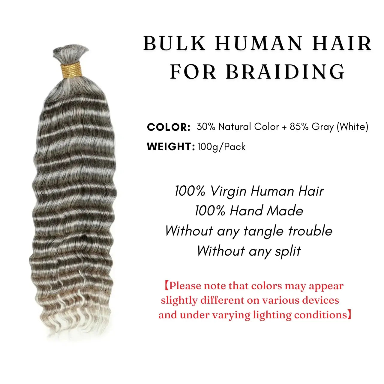 Bulk human hair salt and pepper bulk hair deep wave for braiding 85% gray