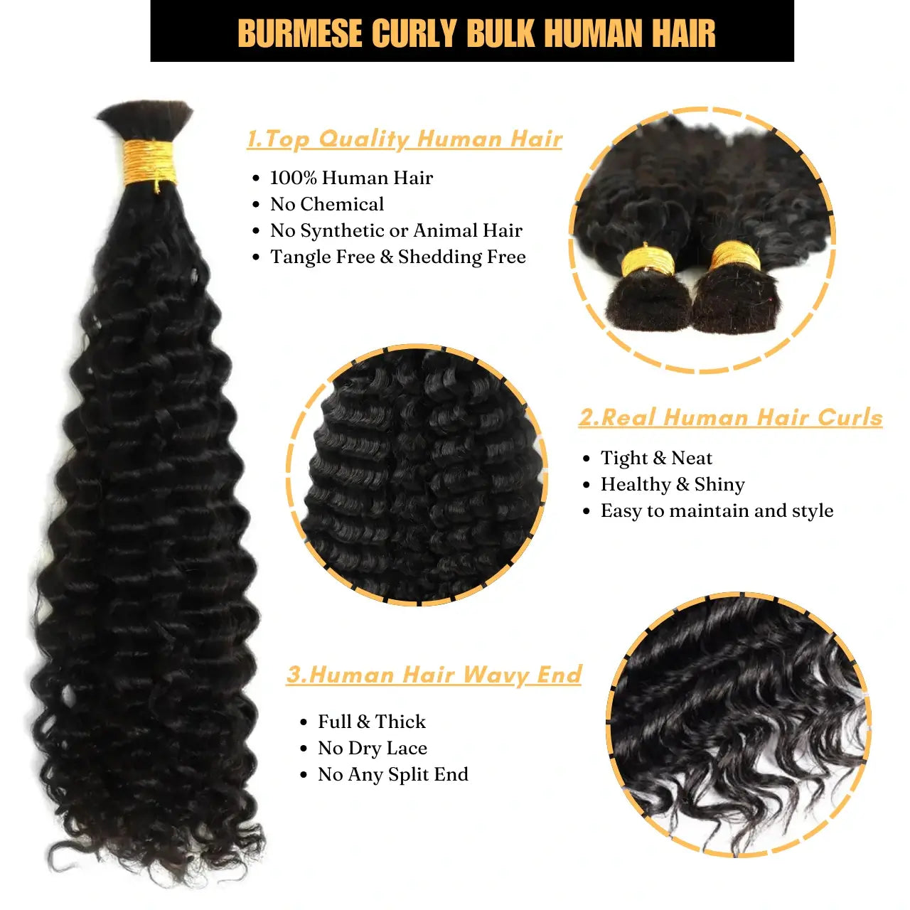 Burmese curly bulk human hair for braiding natural black top quality wavy ends