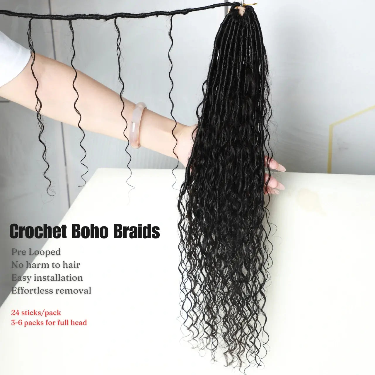 Crochet boho braids faux locs curly hair with ends hair details