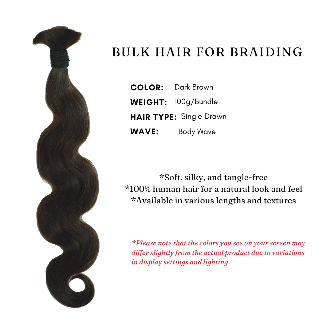 Single drawn dark brown bulk hair for braiding 100g per pack