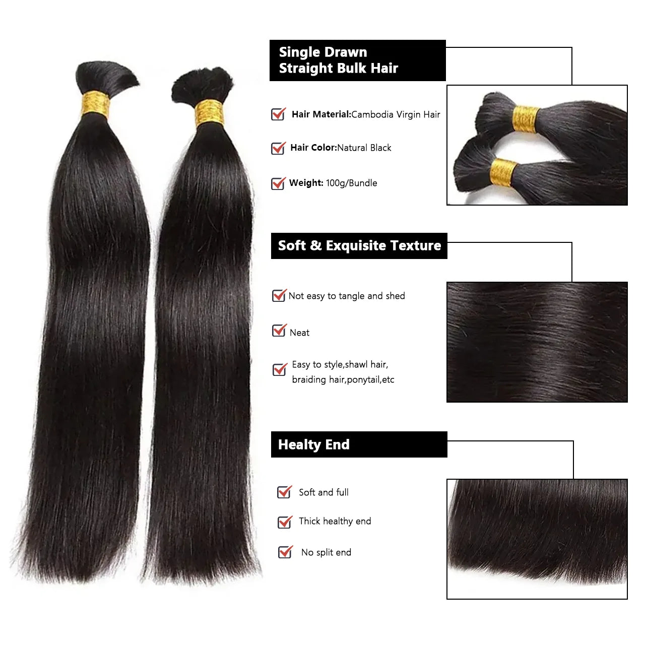 Straight bulk hair for braiding natural black soft and exquisite texture